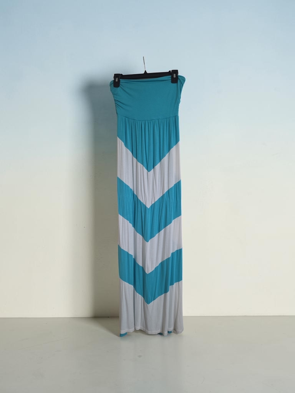 Design History Aqua White Chevron Maxi Dress Strapless Draped Summer Boho